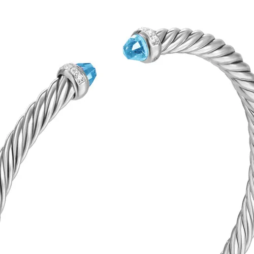 Cablespira Flex Bracelet in Sterling Silver with Blue Topaz and Diamonds, 4mm, Size Medium