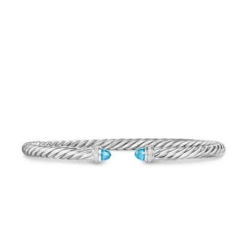 Cablespira Flex Bracelet in Sterling Silver with Blue Topaz and Diamonds, 4mm, Size Medium