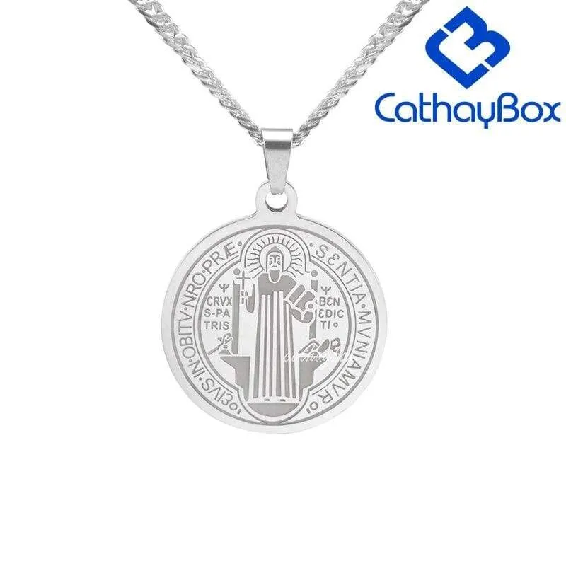 Catholic Gifts Jewelry Men's Silver Tone Stainless Steel Patron Saint St.  Benedict Holy Medals Pendant Necklace