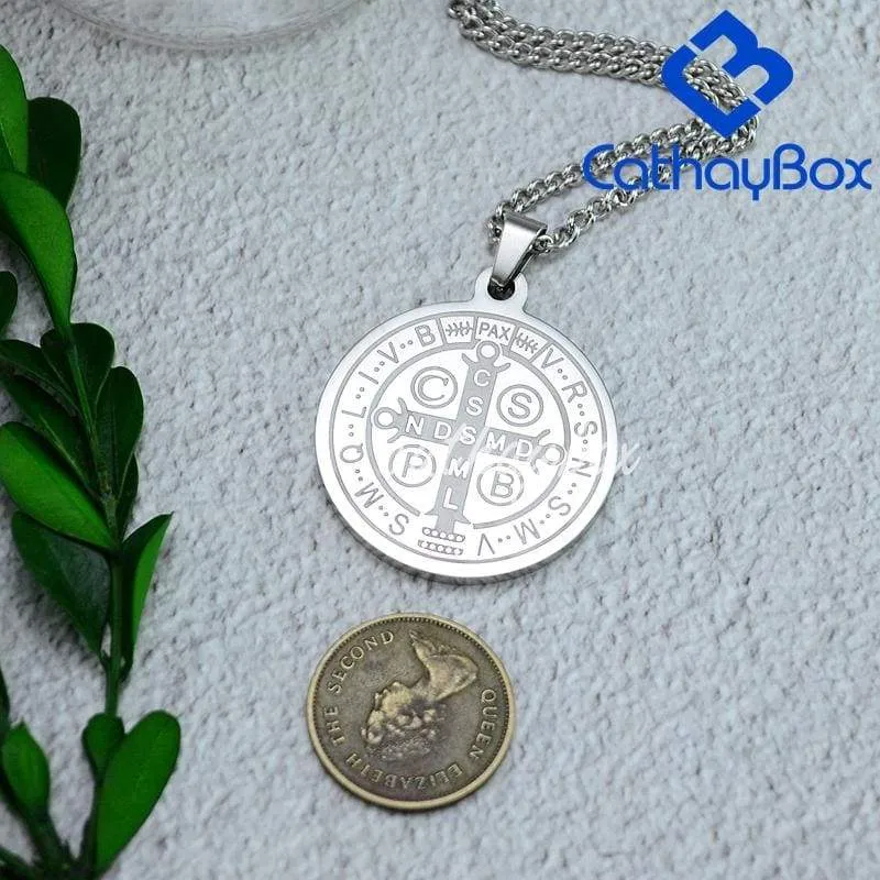 Catholic Gifts Jewelry Men's Silver Tone Stainless Steel Patron Saint St.  Benedict Holy Medals Pendant Necklace