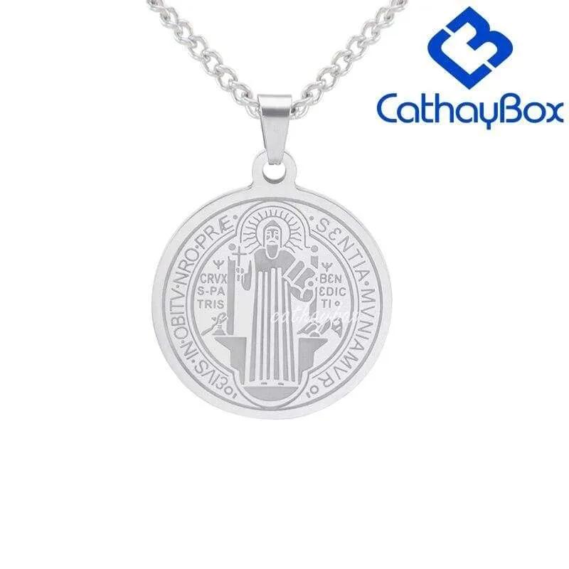 Catholic Gifts Jewelry Men's Silver Tone Stainless Steel Patron Saint St.  Benedict Holy Medals Pendant Necklace