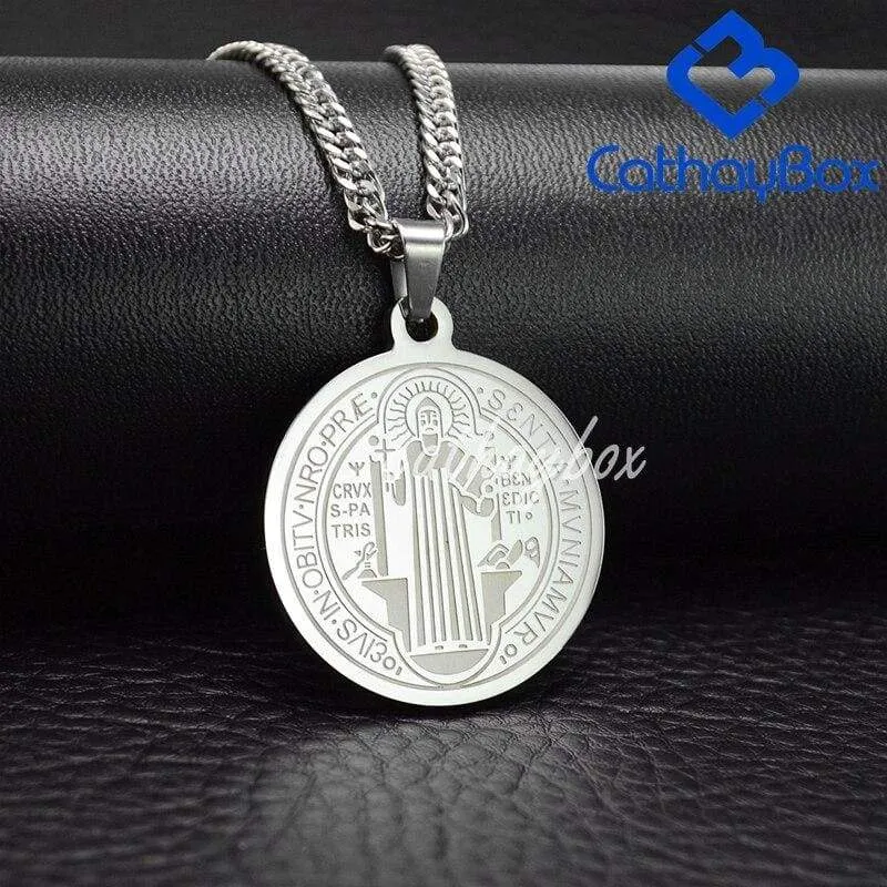 Catholic Gifts Jewelry Men's Silver Tone Stainless Steel Patron Saint St.  Benedict Holy Medals Pendant Necklace