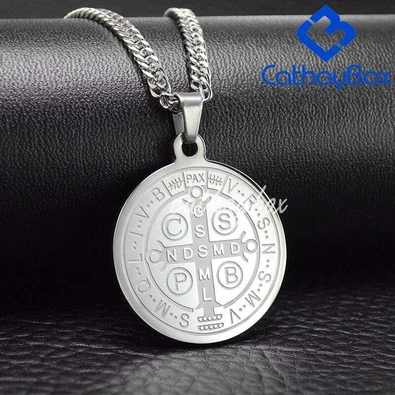 Catholic Gifts Jewelry Men's Silver Tone Stainless Steel Patron Saint St.  Benedict Holy Medals Pendant Necklace