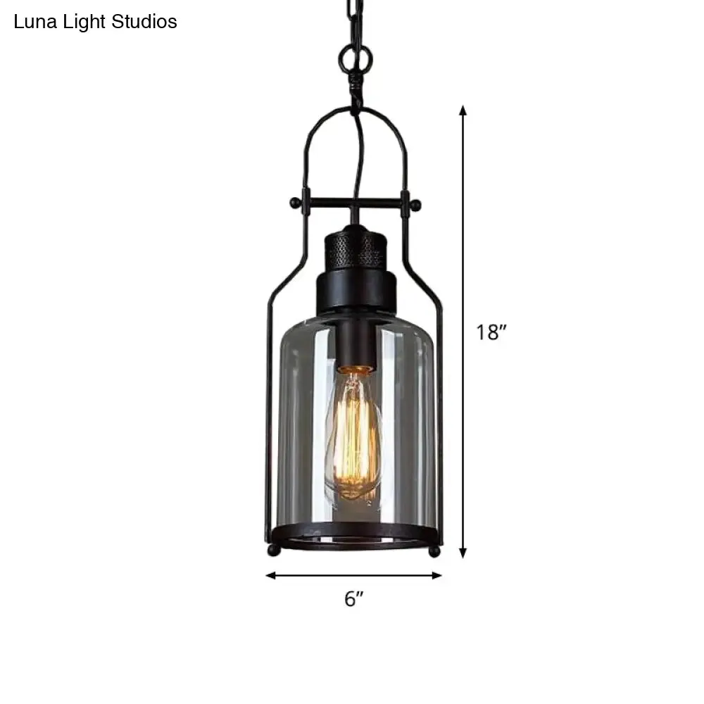 Clear Glass Hanging Pendant Light - Warehouse Style, Black Cylinder Design with Metal Frame