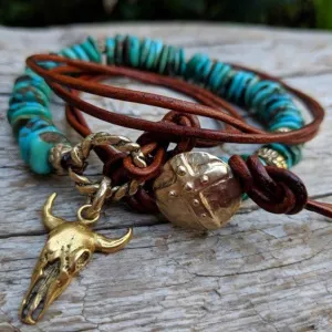 Cow Skull Natural Turquoise Leather Wrap Bracelet - Necklace 2in1