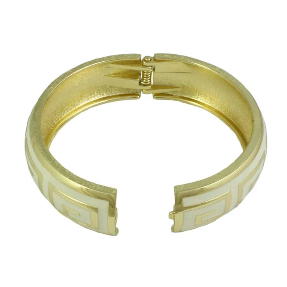 Cream and Gold Greek Key Hinged Bangle - BG526