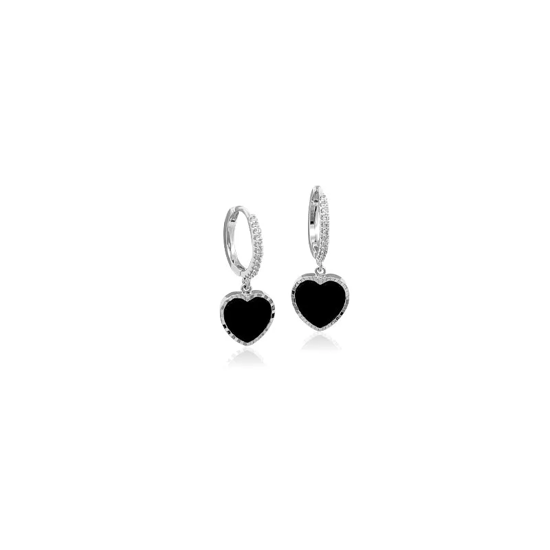 Cubic Zirconia with Black Enamel Hoop Earrings