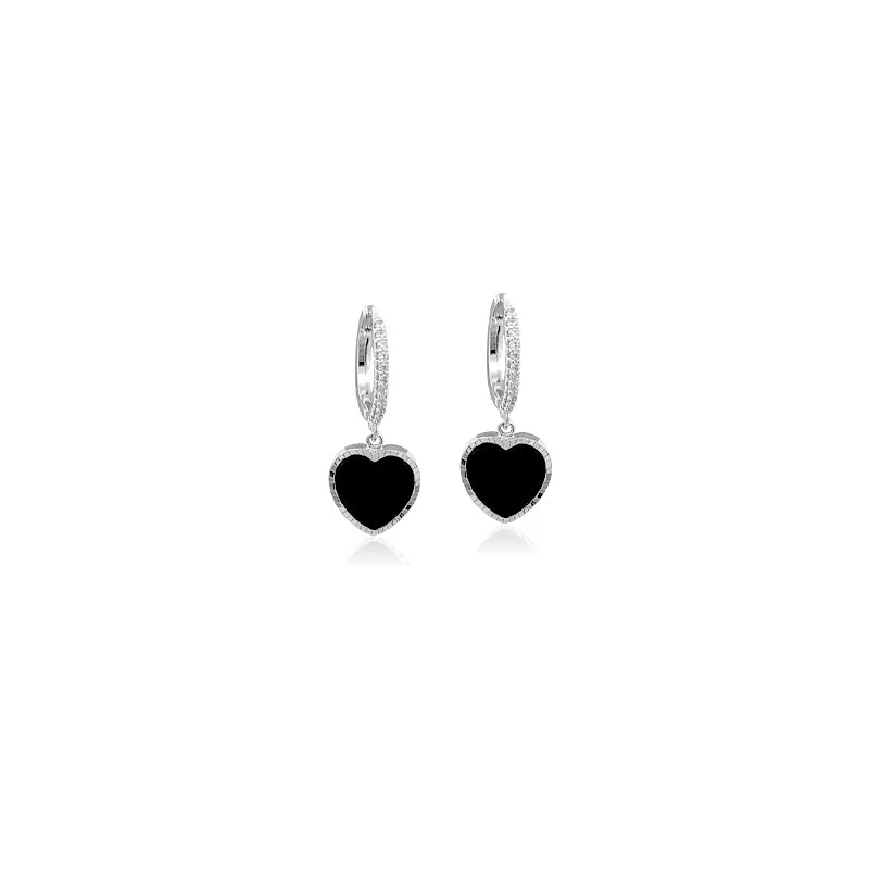 Cubic Zirconia with Black Enamel Hoop Earrings