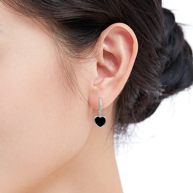 Cubic Zirconia with Black Enamel Hoop Earrings