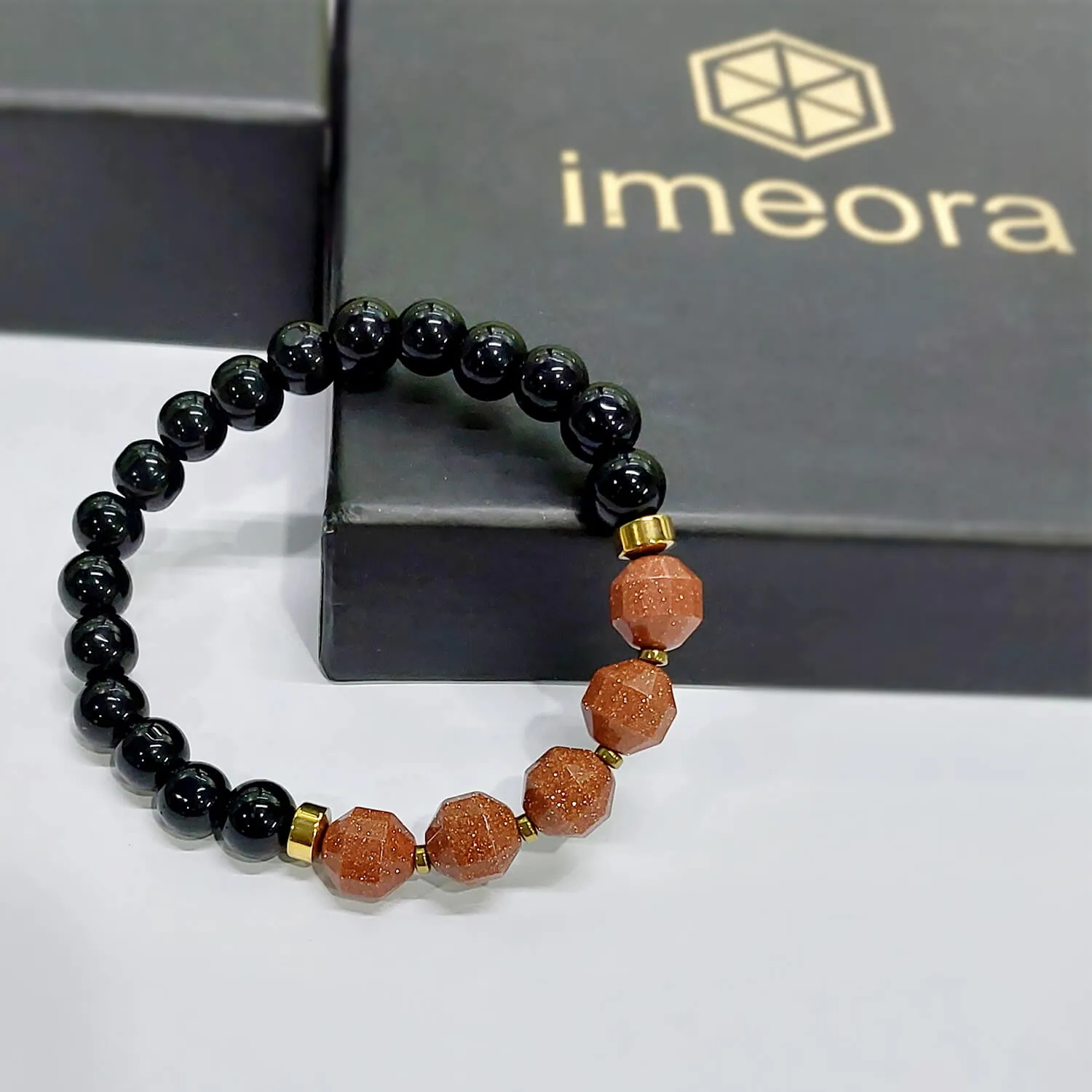 Diamond Cut Golden Sunstone With Black Obsidian And Golden Hematite Bracelet