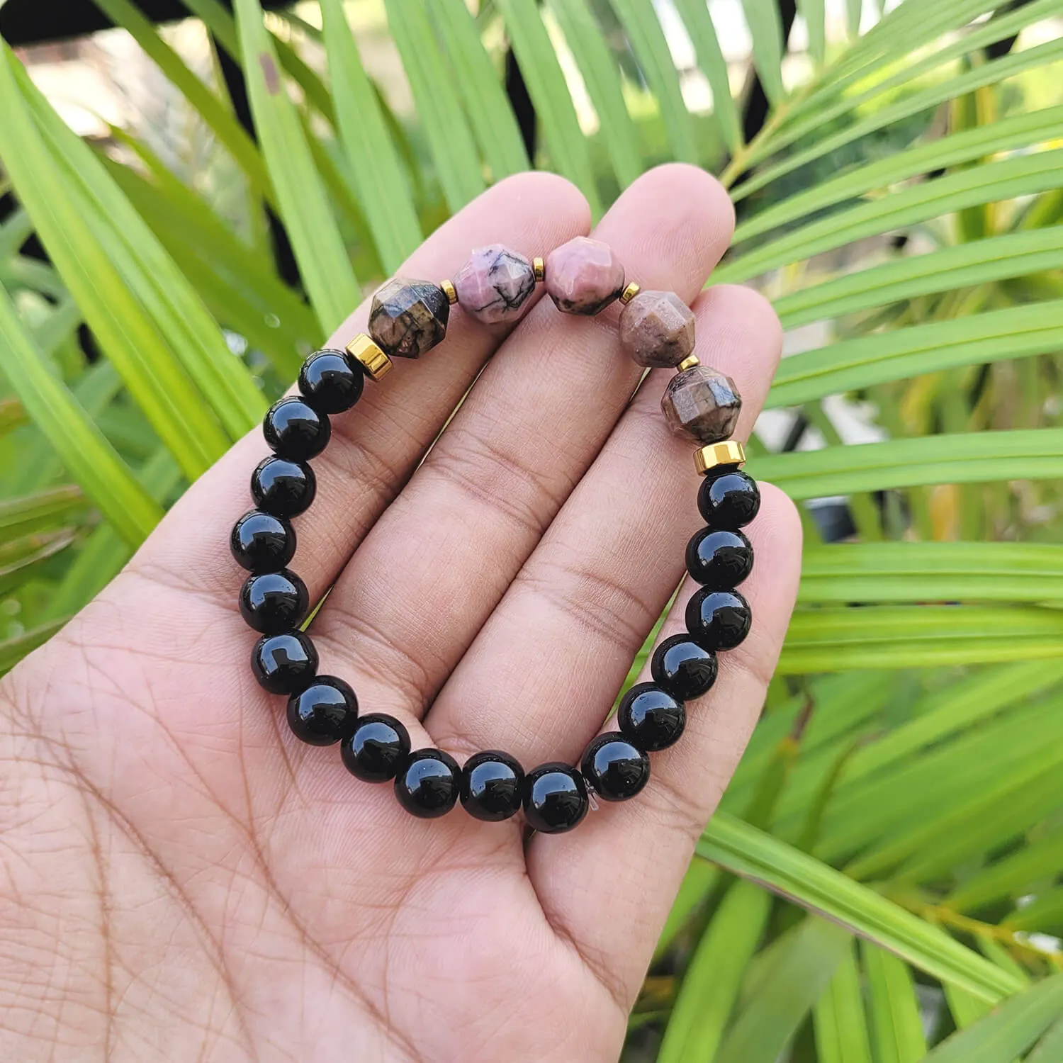 Diamond Cut Rhodonite With Black Obsidian And Golden Hematite Bracelet