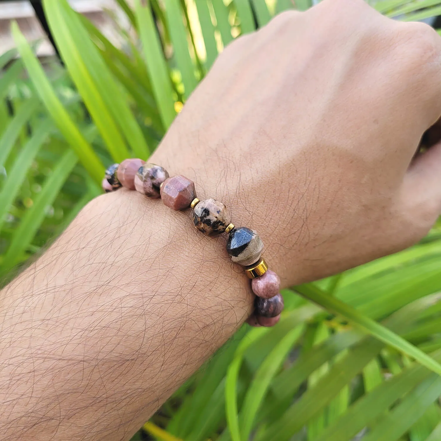 Diamond Cut Rhodonite With Golden Hematite Natural Stone Bracelet