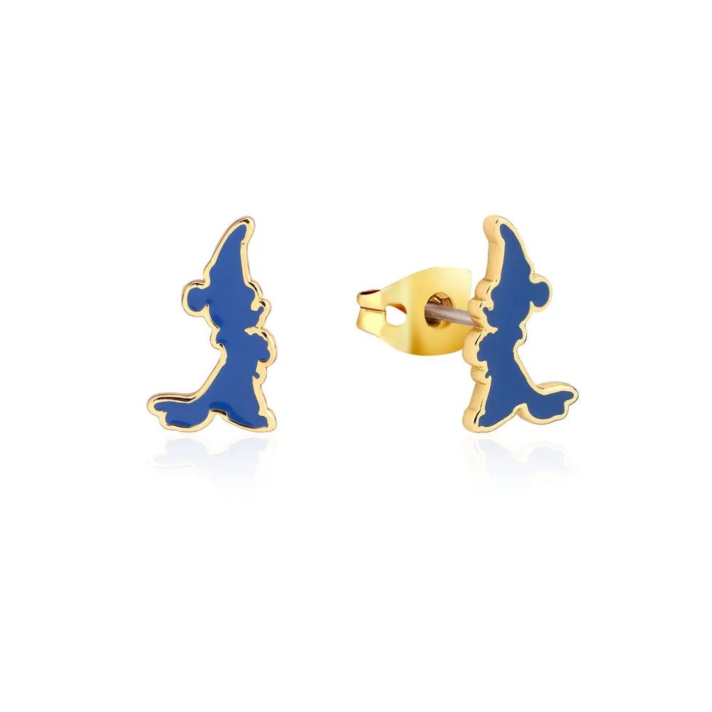 Disney Fantasia Gold Plated Sorcerer's Mickey Enamel Silhoutte 15mm Stud Earrings