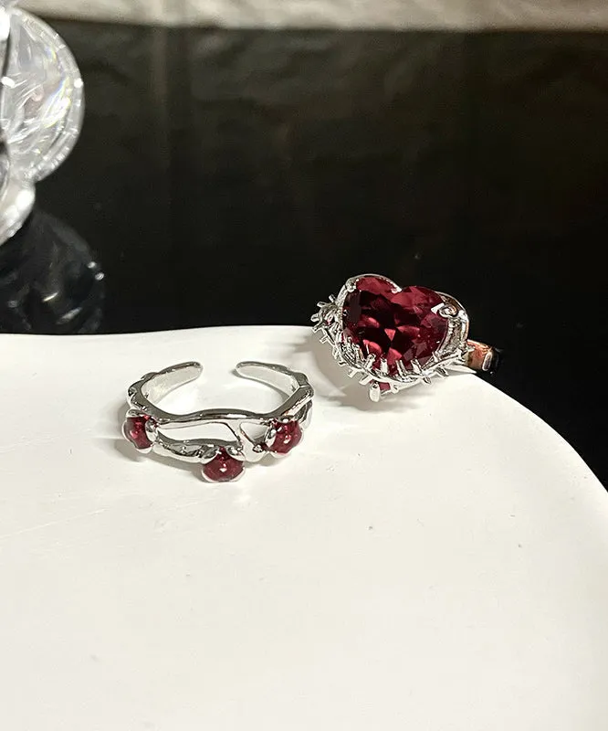 DIY Red Stainless Steel Zircon Rose And Love Rings Two piece Set GH1071