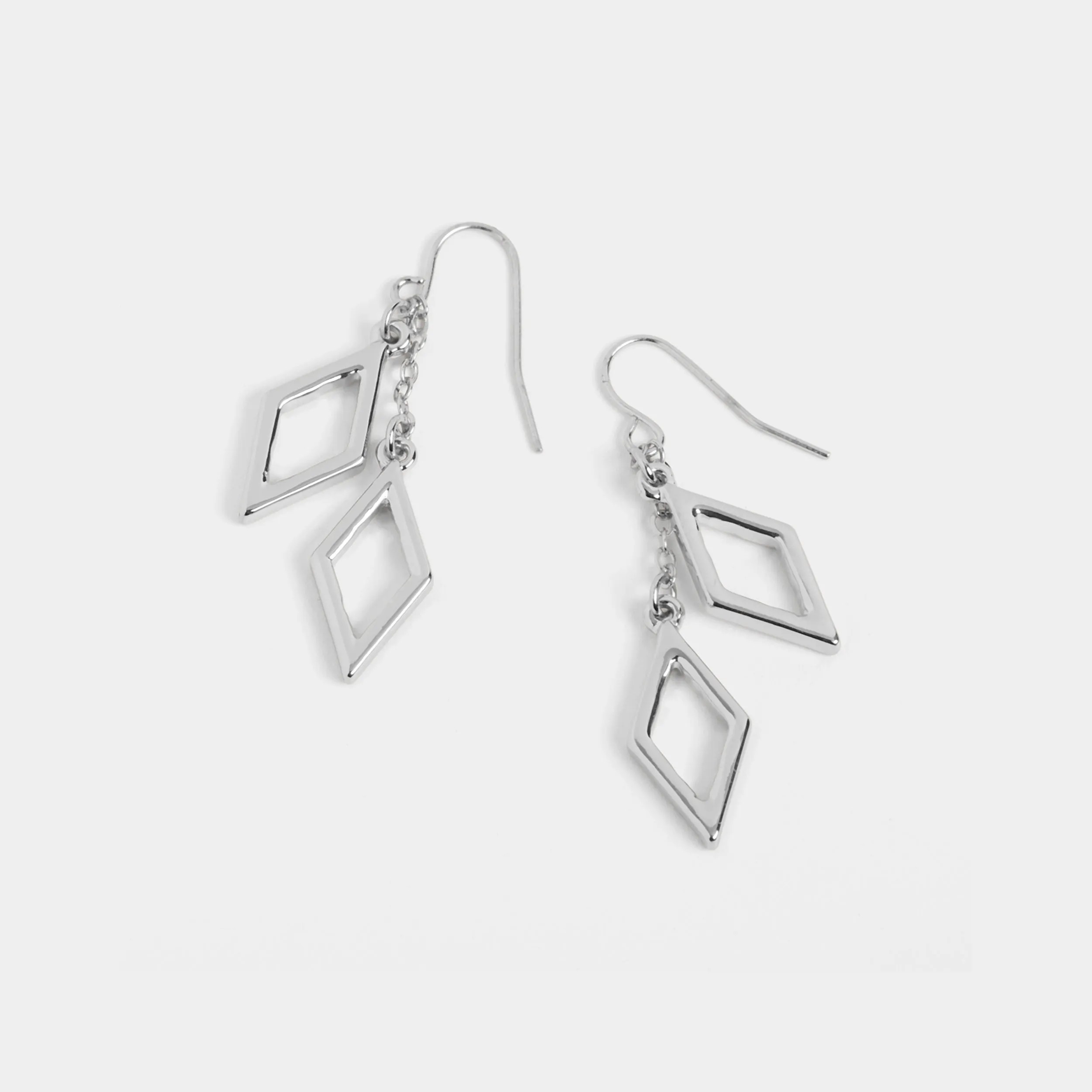 Double Diamond Chain Drop Earrings - Silver