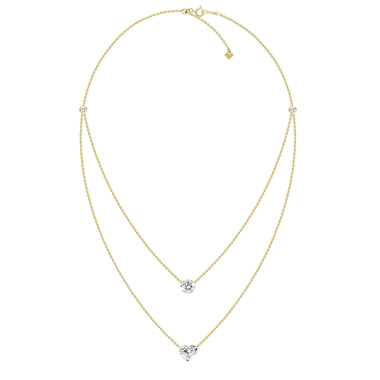 Double Row Multishape Solitaires (  Heart) Diamond Layered Necklace