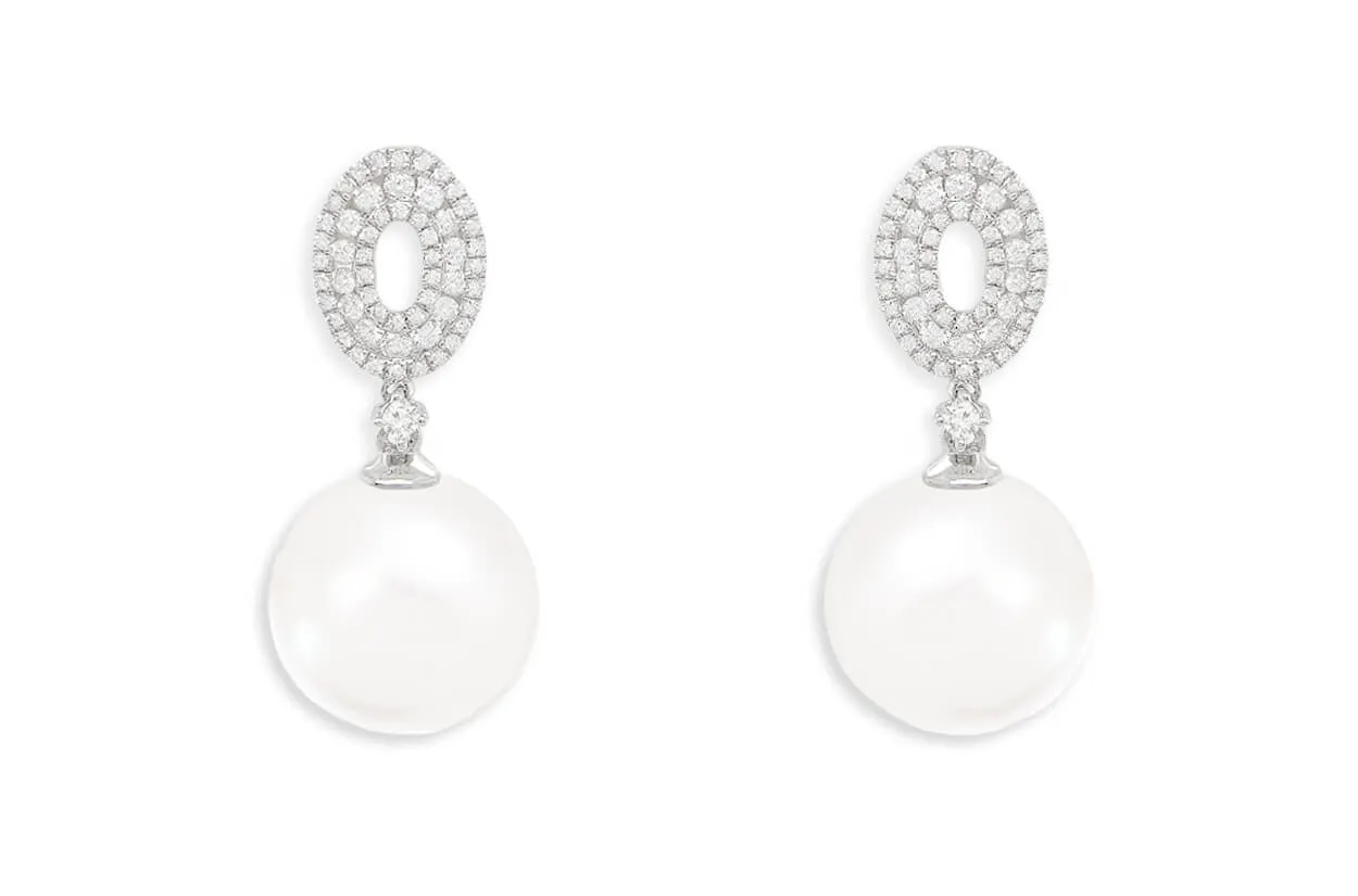 Earrings 18kt Gold Outline Diamonds Ovals & Pearls Drop