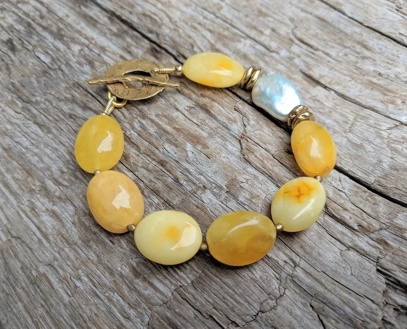 Egg Yolk Baltic Amber & Pearl Bracelet