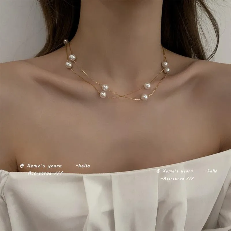 Elegant Double-Layer Pearl String Choker