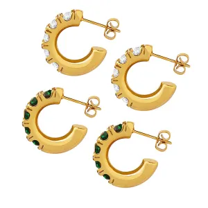 Elegant White and Green Zircon 18K Gold Plated C-Shaped Earrings for Women