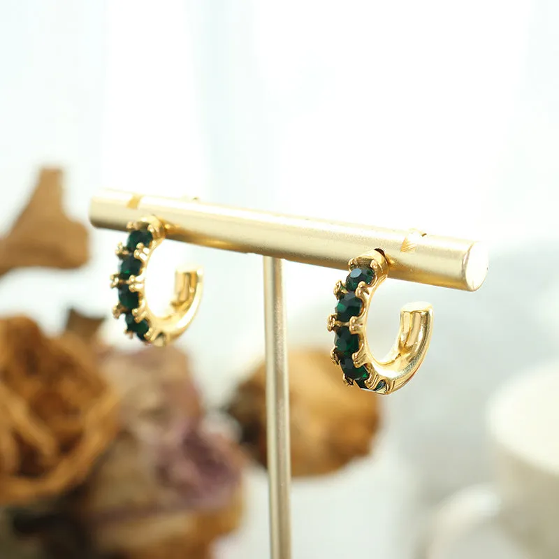 Elegant White and Green Zircon 18K Gold Plated C-Shaped Earrings for Women