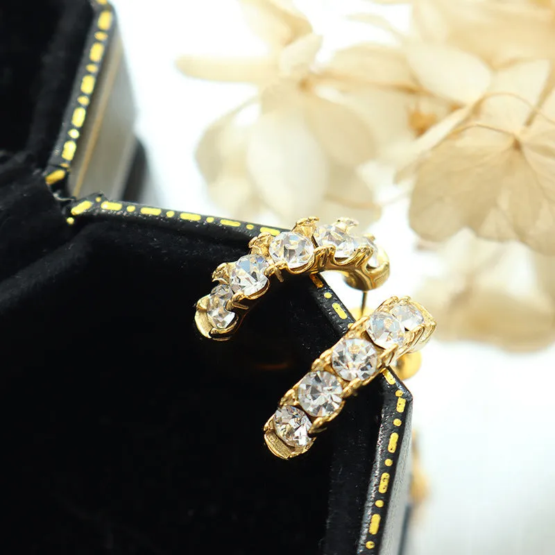 Elegant White and Green Zircon 18K Gold Plated C-Shaped Earrings for Women