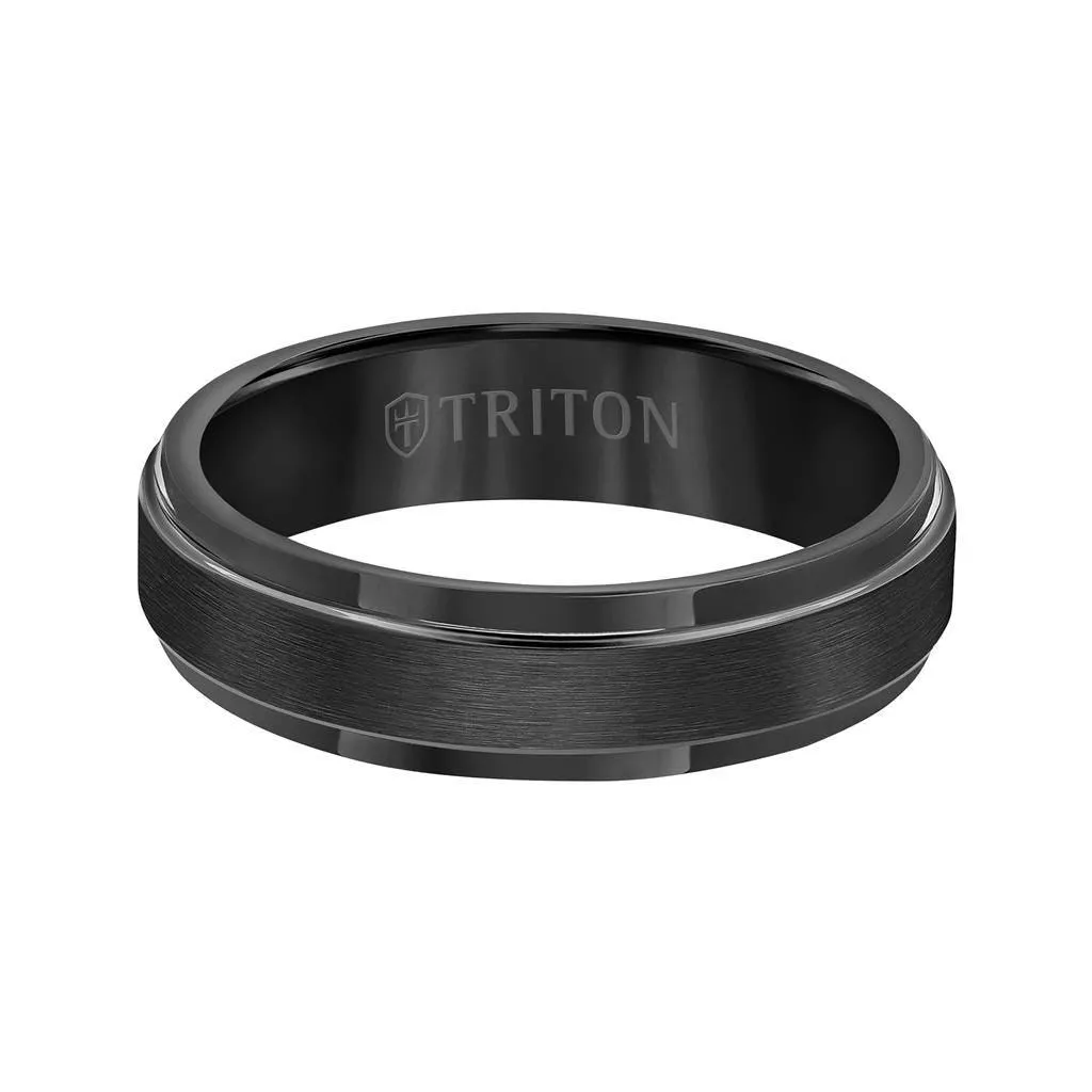 ELROY Raised Brush Finished Center Black Tungsten Carbide Comfort Fit Band with Polished Step Edges by Triton Rings - 6 mm