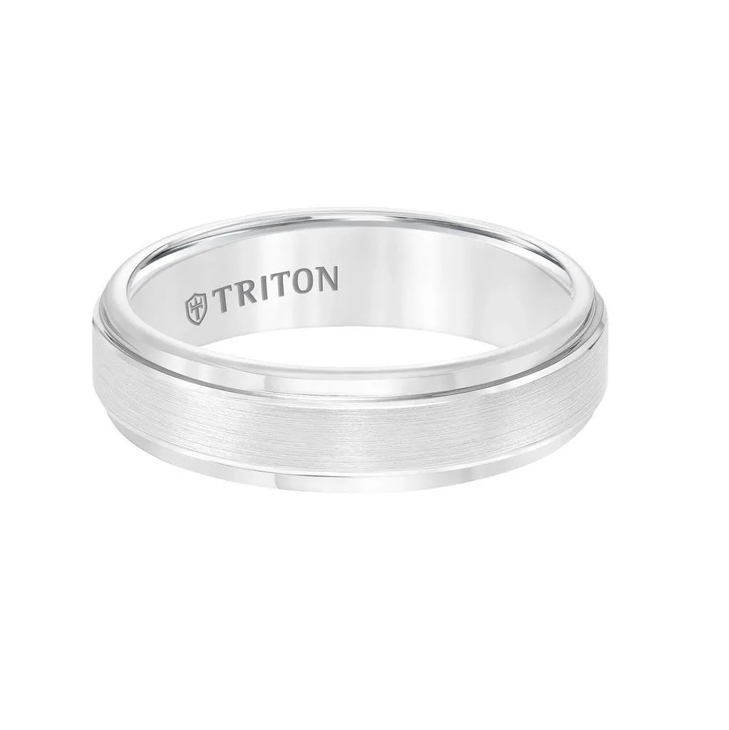 ELTON Raised Brush Finished Center White Tungsten Carbide Comfort Fit Band with Polished Step Edges by Triton Rings - 6 mm