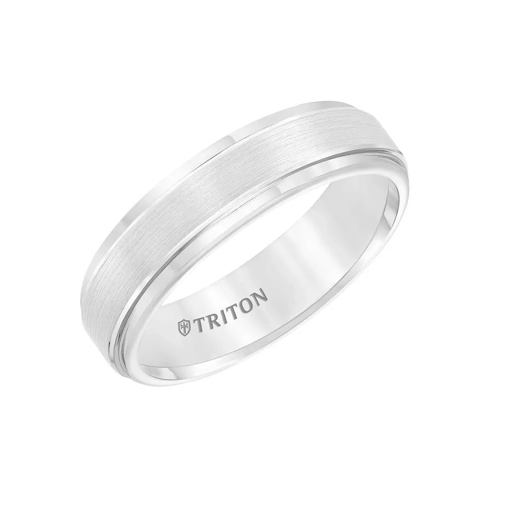 ELTON Raised Brush Finished Center White Tungsten Carbide Comfort Fit Band with Polished Step Edges by Triton Rings - 6 mm