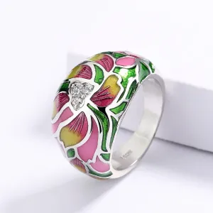 Ethnic Style Lotus Flower Enamel Cocktail Ring for Women with Zircon in Silver Color