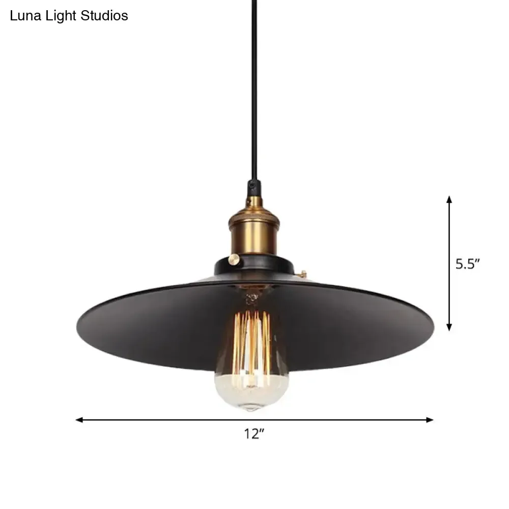 Factory Flying Saucer Ceiling Pendant Hanging Lamp - 8.5"/12" Wide, Single-Bulb, Metal, Black