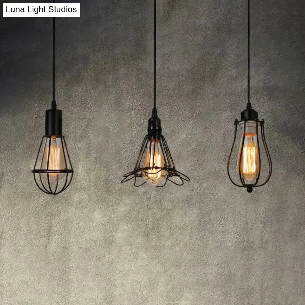 Farmhouse Black Metallic Pendant Light with Cage Design - 3 Lights