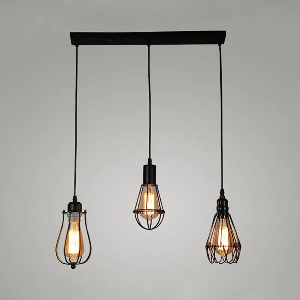 Farmhouse Black Metallic Pendant Light with Cage Design - 3 Lights