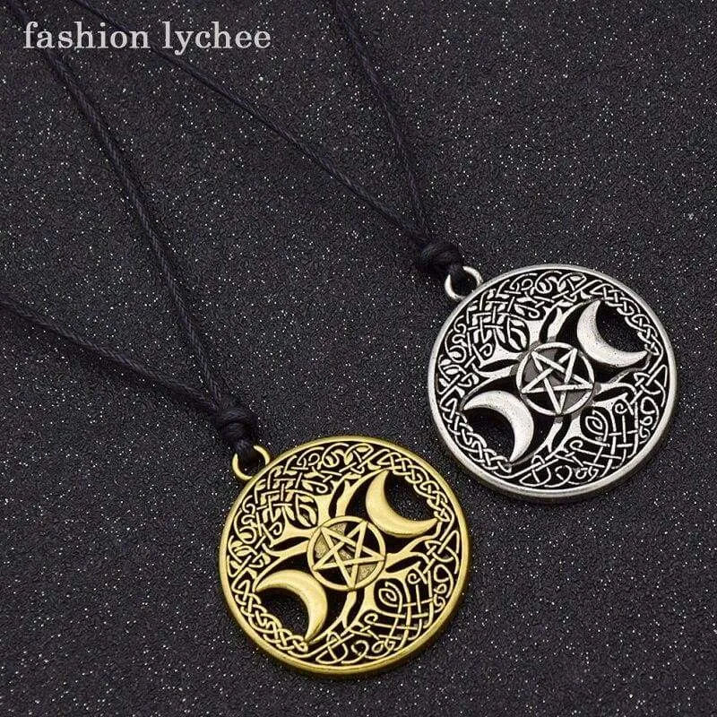 fashion lychee Vintage Triple Moon Goddess Tree Of Life Pendant Necklace Wiccan Pentagram Supernatural Amulet