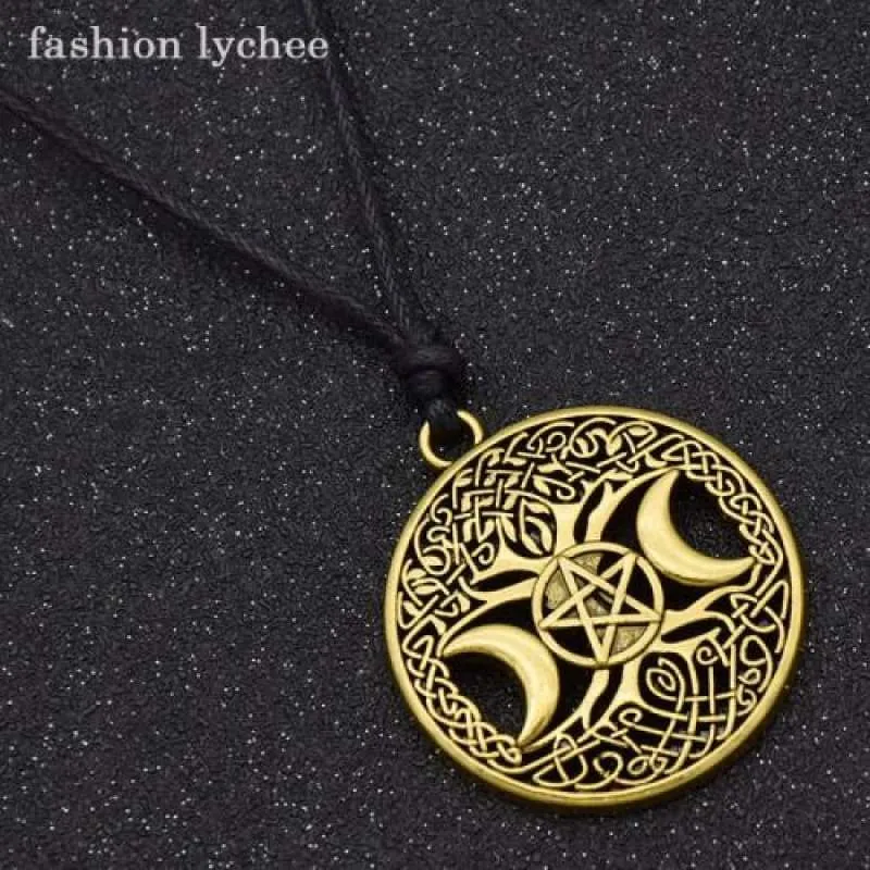 fashion lychee Vintage Triple Moon Goddess Tree Of Life Pendant Necklace Wiccan Pentagram Supernatural Amulet