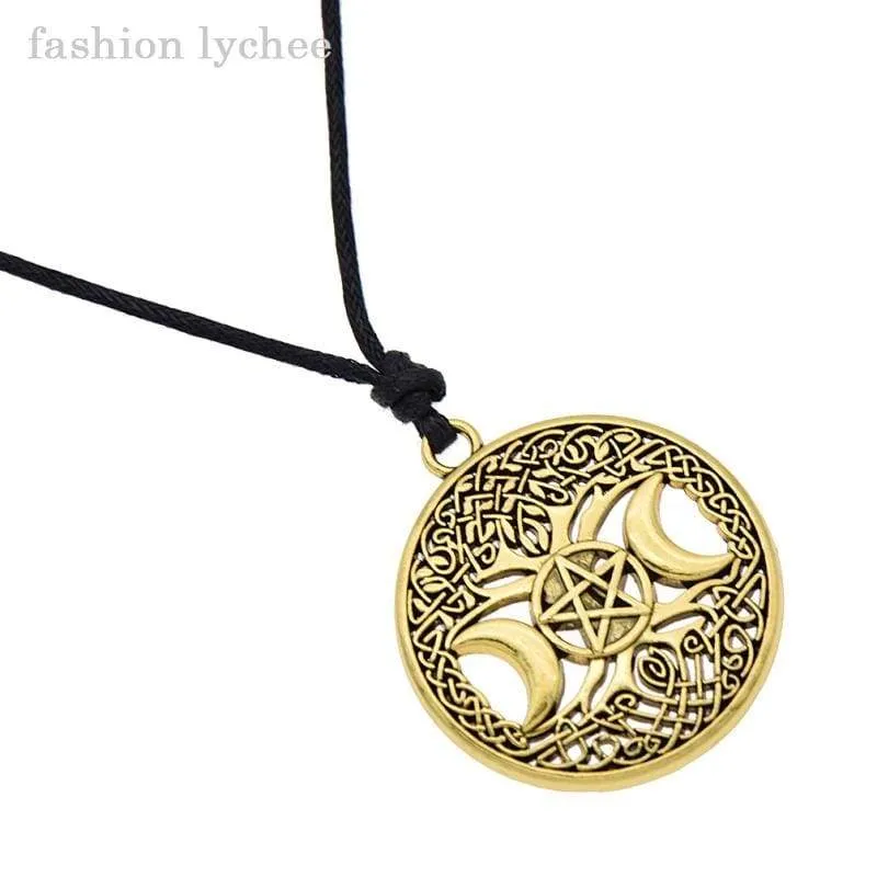 fashion lychee Vintage Triple Moon Goddess Tree Of Life Pendant Necklace Wiccan Pentagram Supernatural Amulet