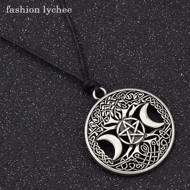 fashion lychee Vintage Triple Moon Goddess Tree Of Life Pendant Necklace Wiccan Pentagram Supernatural Amulet