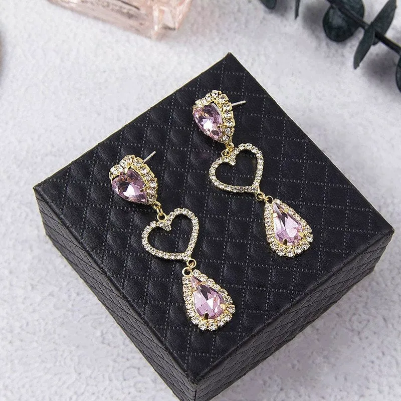 Fashionable Pink Rhinestone Heart Dangle Earrings