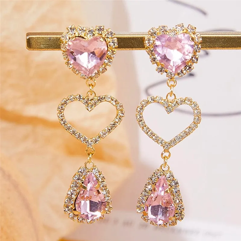 Fashionable Pink Rhinestone Heart Dangle Earrings