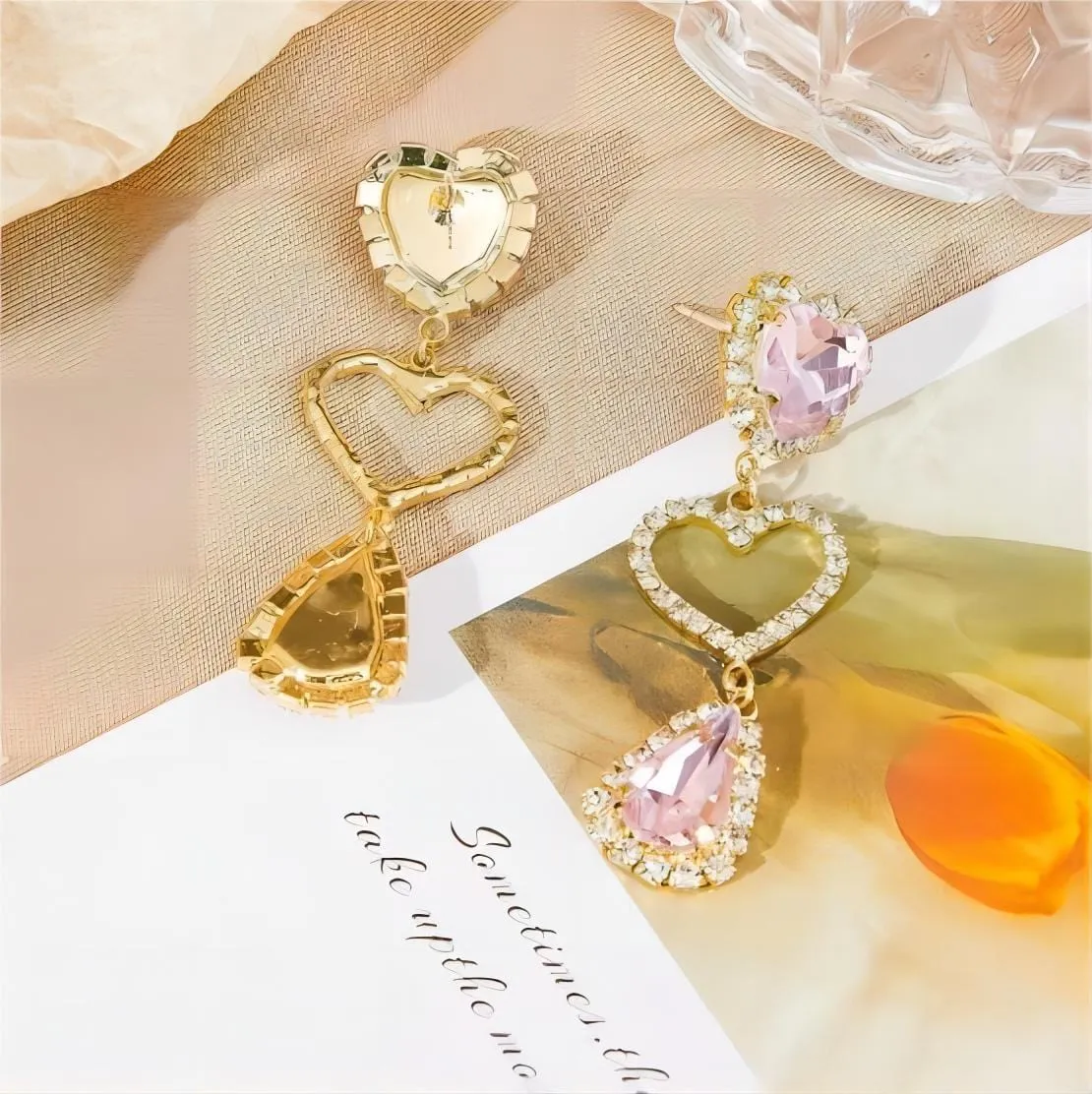 Fashionable Pink Rhinestone Heart Dangle Earrings