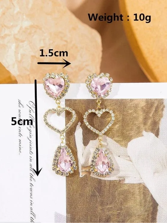 Fashionable Pink Rhinestone Heart Dangle Earrings