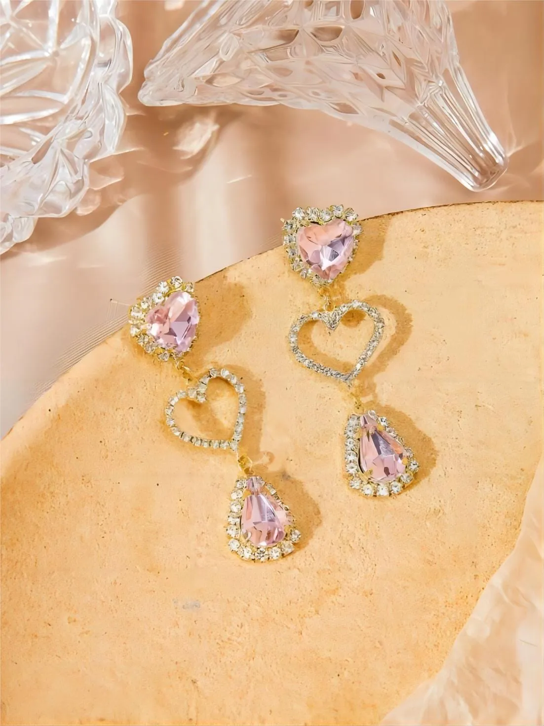 Fashionable Pink Rhinestone Heart Dangle Earrings