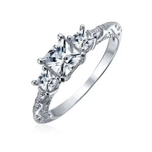 Filigree 3CT Solitaire 3 Stone CZ Engagement Ring .925 Sterling Silver