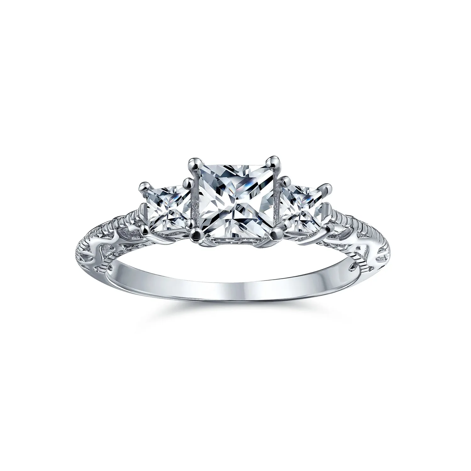 Filigree 3CT Solitaire 3 Stone CZ Engagement Ring .925 Sterling Silver