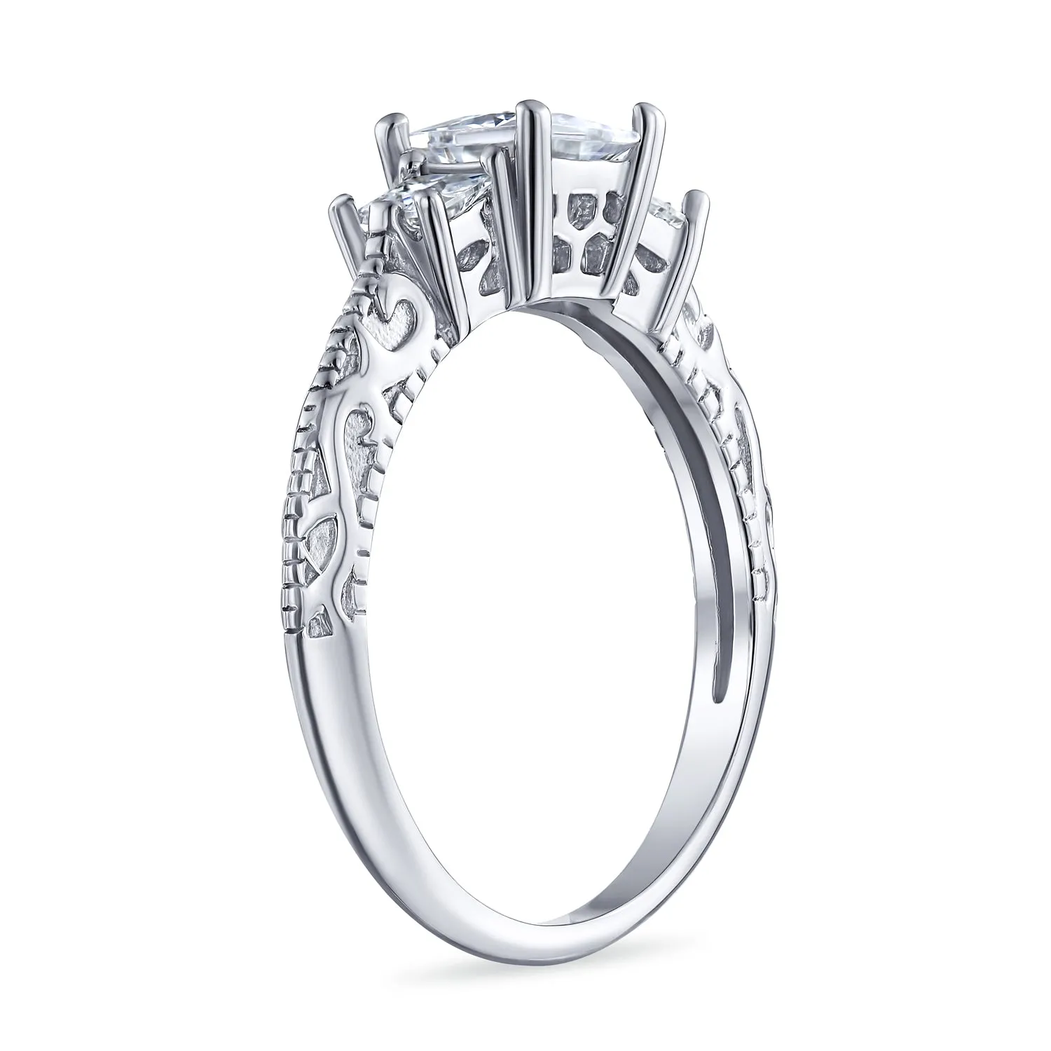 Filigree 3CT Solitaire 3 Stone CZ Engagement Ring .925 Sterling Silver