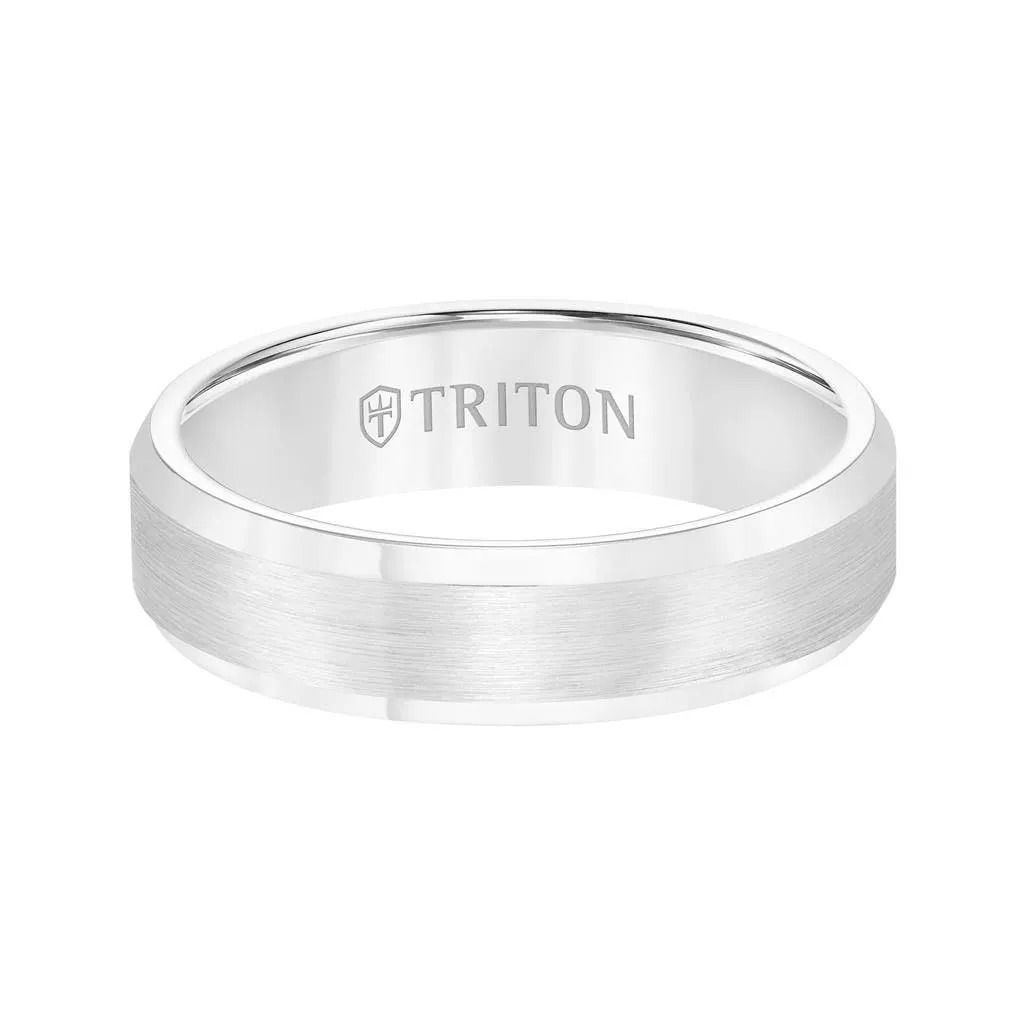 FORBES Polished Beveled Edge Satin Finish White Tungsten Carbide Comfort Fit Wedding Band by Triton Rings - 6 mm