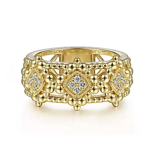 Gabriel & Co. Yellow Gold Wide Bujukan Ring with Diamonds