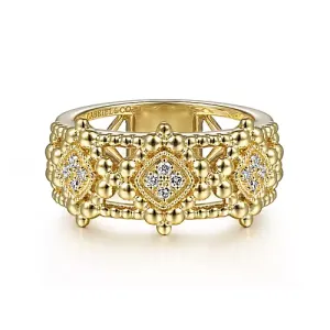 Gabriel & Co. Yellow Gold Wide Bujukan Ring with Diamonds