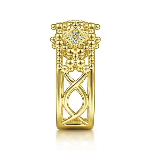 Gabriel & Co. Yellow Gold Wide Bujukan Ring with Diamonds