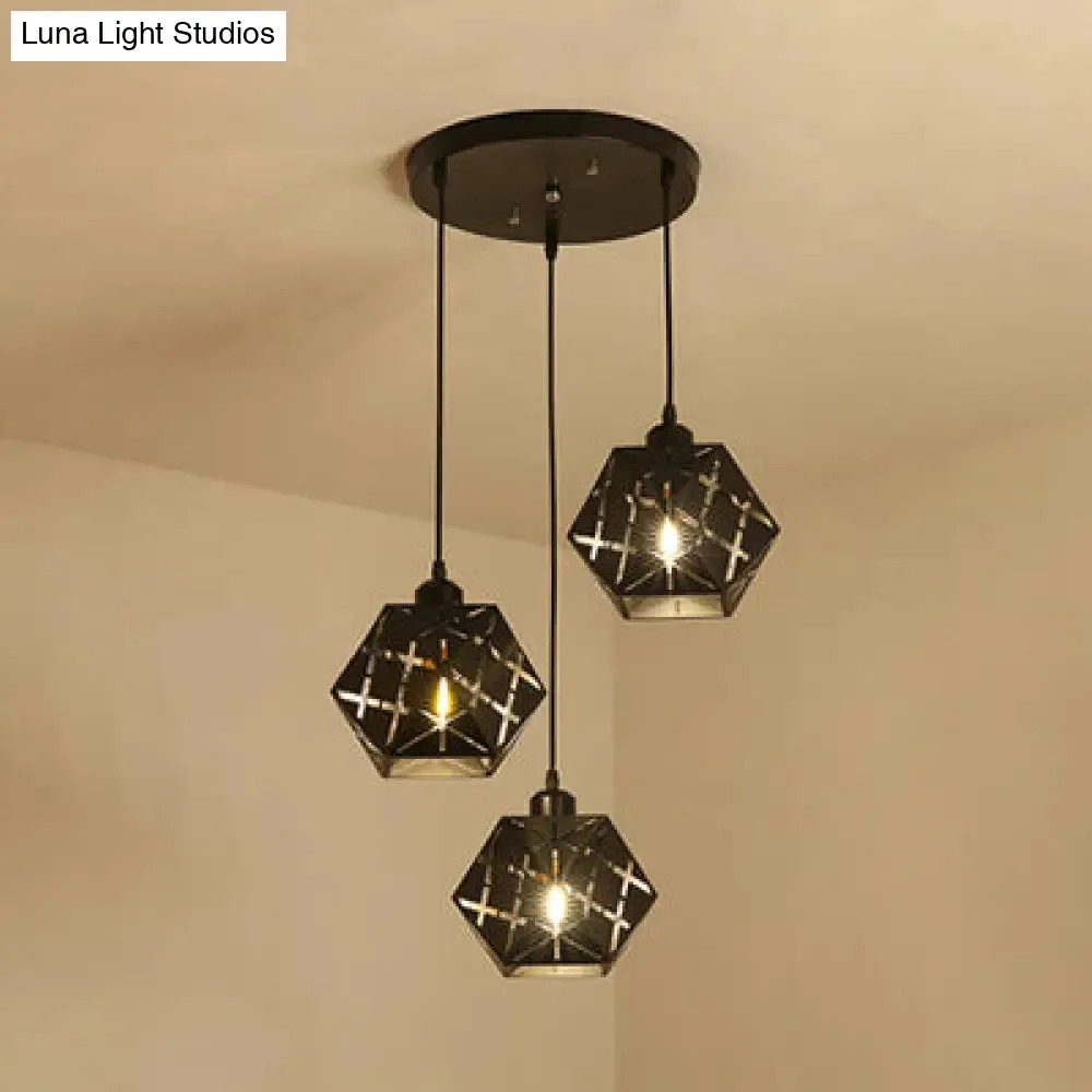 Geometric Hanging Lamp: Carved Metal Shade, Industrial Style, 3 Lights, for Kitchen Pendant Lighting